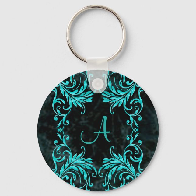 Monogram Aqua Blue Damask Keychain (Front)