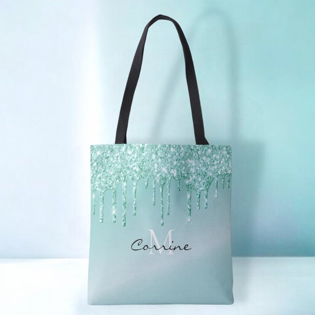 Monogram Aqua Blue Dripping Glitter Metallic Name Tote Bag (Creator Uploaded)