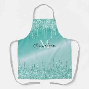 Monogram Aqua Blue Dripping Teal Glitter Metallic Apron
