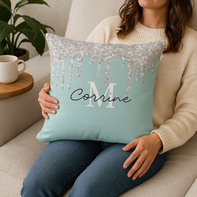 Monogram Aqua Blue Foil + Silver Dripping Glitter Throw Pillow (Creator Uploaded)