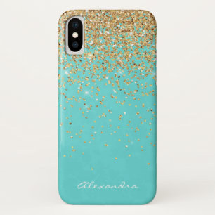 Monogram Aqua Blue Gold Glitter Confetti Girly Case-Mate iPhone Case