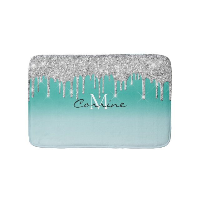 Monogram Aqua Blue Metallic + Silver Glitter Drips Bath Mat (Front)