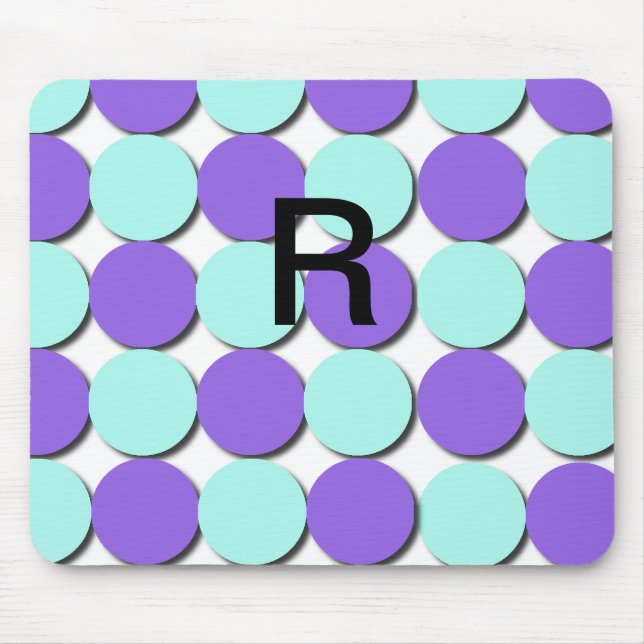 Monogram Aqua & Blue Polka Dots Mouse Pad (Front)