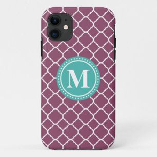 Monogram Aqua Blue Purple Quatrefoil Pattern iPhone 11 Case