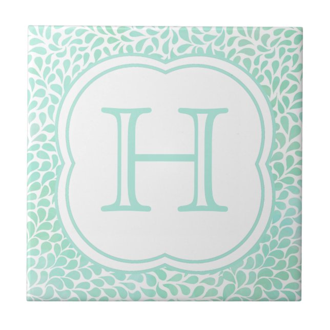 Monogram aqua blue watercolor drops ceramic tile (Front)