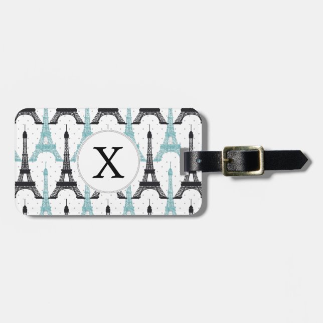 Monogram Aqua Chic Eiffel Tower Pattern Luggage Tag (Front Horizontal)