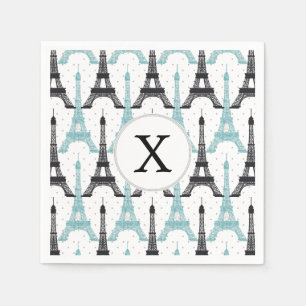 Monogram Aqua Chic Eiffel Tower Pattern Napkin