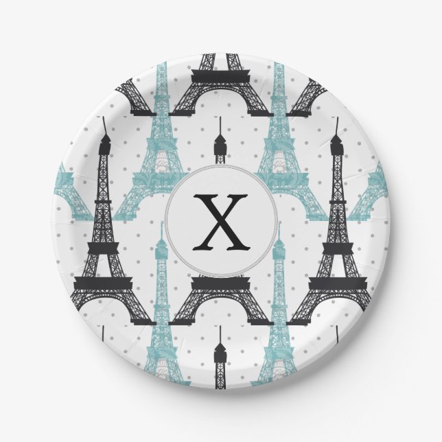 Monogram Aqua Chic Eiffel Tower Pattern Paper Plate (Front)