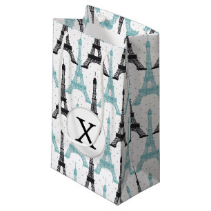 Monogram Aqua Chic Eiffel Tower Pattern Small Gift Bag