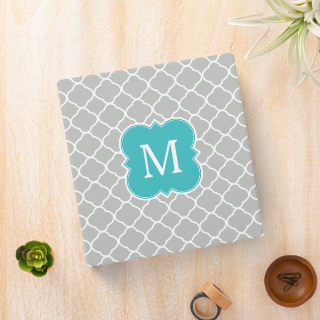 Monogram Aqua Green and Grey Quatrefoil Pattern Binder (In Situ)