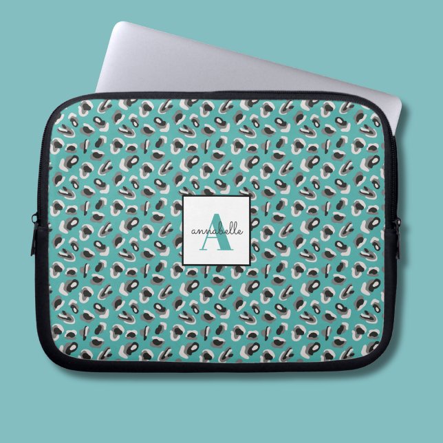 Monogram Aqua Leopard Animal Print Personalized Laptop Sleeve (Turquoise animal print personalied laptop sleeve)