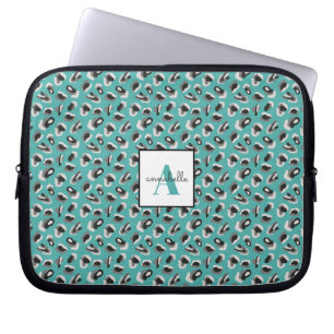 Monogram Aqua Leopard Animal Print Personalized Laptop Sleeve