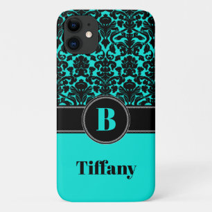 Monogram Aqua, Noir, Blanc Damask iPhone 11 Coque