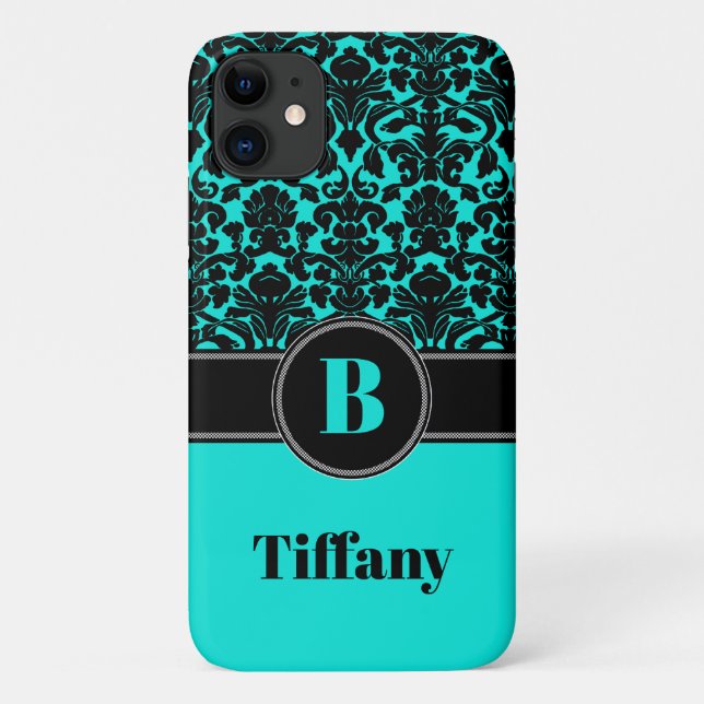Monogram Aqua, Noir, Blanc Damask iPhone 11 Coque (Dos)