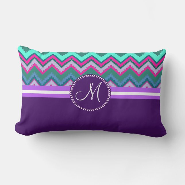 Monogram Aqua Teal Blue Pink Tribal Chevron Zigzag Lumbar Pillow (Front)