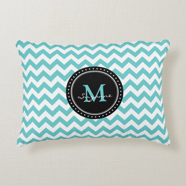 Monogram Aqua White Abstract Chevron Accent Pillow (Front)