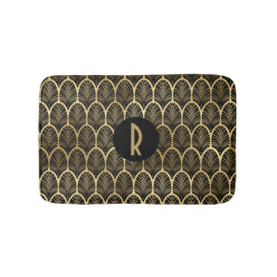 Monogram Art Deco Black and Gold Pattern Bath Mat