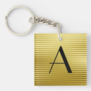 Monogram Art Deco Gold Satin Stripes Keychain
