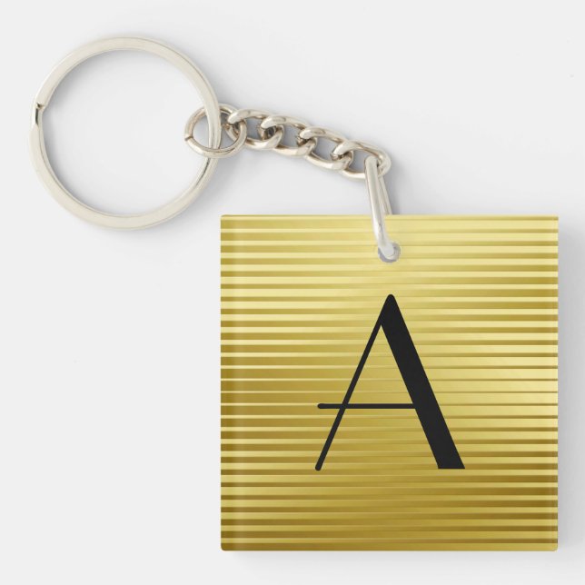 Monogram Art Deco Gold Satin Stripes Keychain (Front)