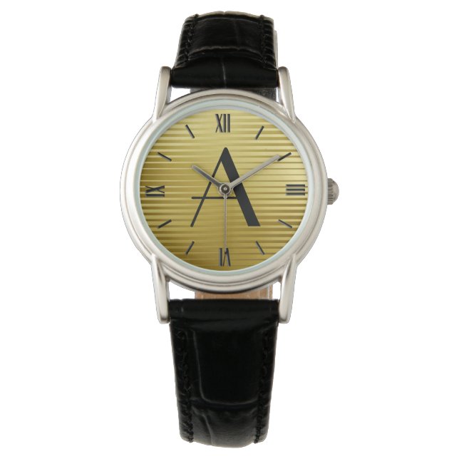 Monogram Art Deco Gold Satin Stripes Watch (Front)