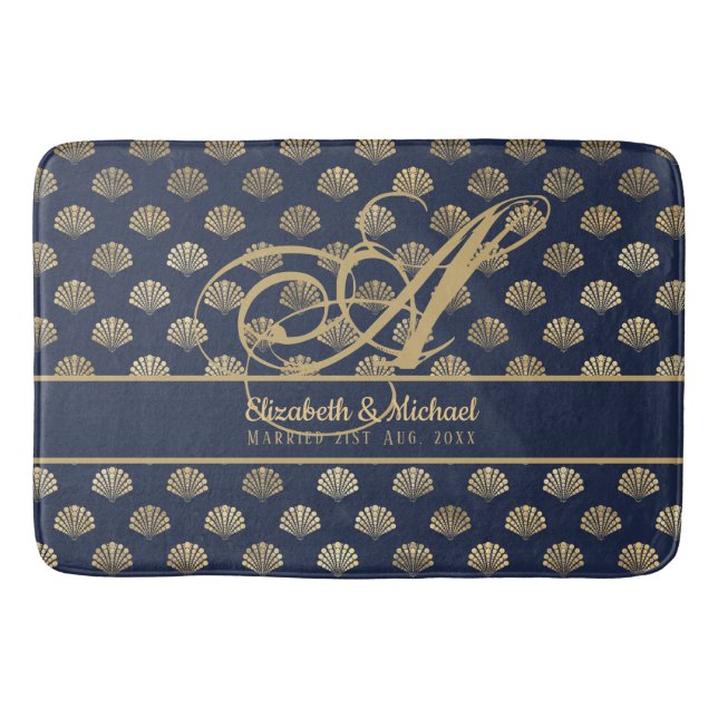 Monogram ART Deco Navy Blue Gold Shells Newlyweds Bath Mat (Front)