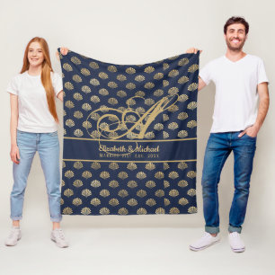 Monogram ART Deco Navy Blue Gold Shells Newlyweds Fleece Blanket