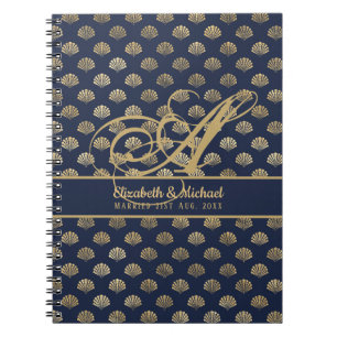 Monogram ART Deco Navy Blue Gold Shells Newlyweds Notebook