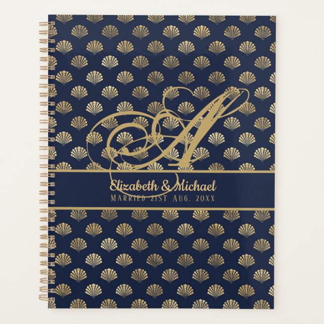 Monogram ART Deco Navy Blue Gold Shells Newlyweds Planner (Front)