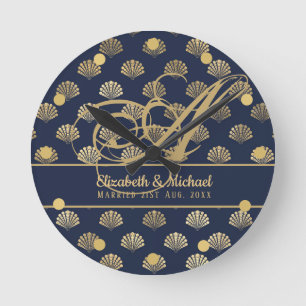 Monogram ART Deco Navy Blue Gold Shells Newlyweds Round Clock