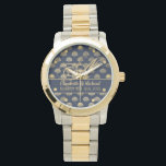 Monogram ART Deco Navy Blue Gold Shells Newlyweds Watch<br><div class="desc">Elegant wedding gift for newlyweds featuring their surname monogram as a fancy calligraphy letter,  their first names and the date of marriage. The theme is navy blue with a gold shell pattern art deco style.</div>