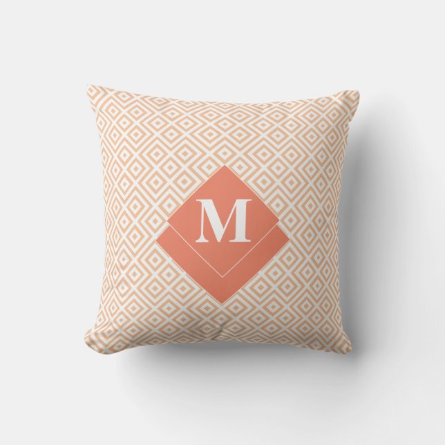 Monogram Art Deco Orange Geometric Greek Pattern Throw Pillow (Front)