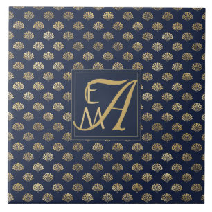 Monogram ART DECO Shells Navy Blue Gold Newlyweds Tile