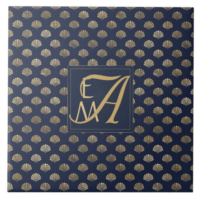 Monogram ART DECO Shells Navy Blue Gold Newlyweds Tile (Front)