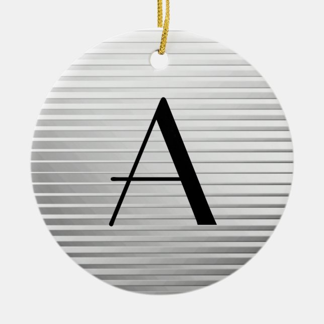 Monogram Art Deco Silver Satin Stripes Ceramic Ornament (Front)