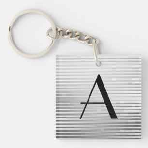 Monogram Art Deco Silver Satin Stripes Keychain