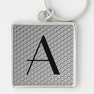Monogram Art Deco Silver Wave Pattern Keychain