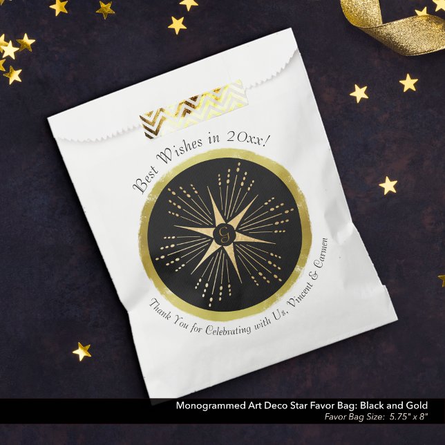 Monogram Art Deco Star Black and Gold Favour Bag (Monogrammed Art Deco Star Favor Bag: Black and Gold)