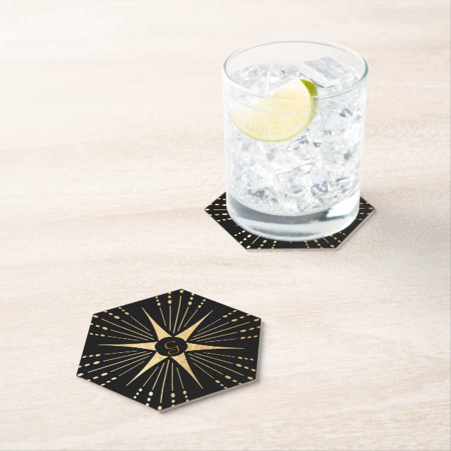 Monogram Art Deco Star Black and Gold Paper Coaster (Insitu)