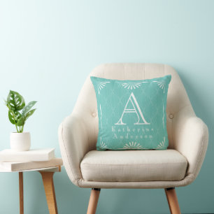 Monogram Art Deco Teal Aqua Throw Pillow