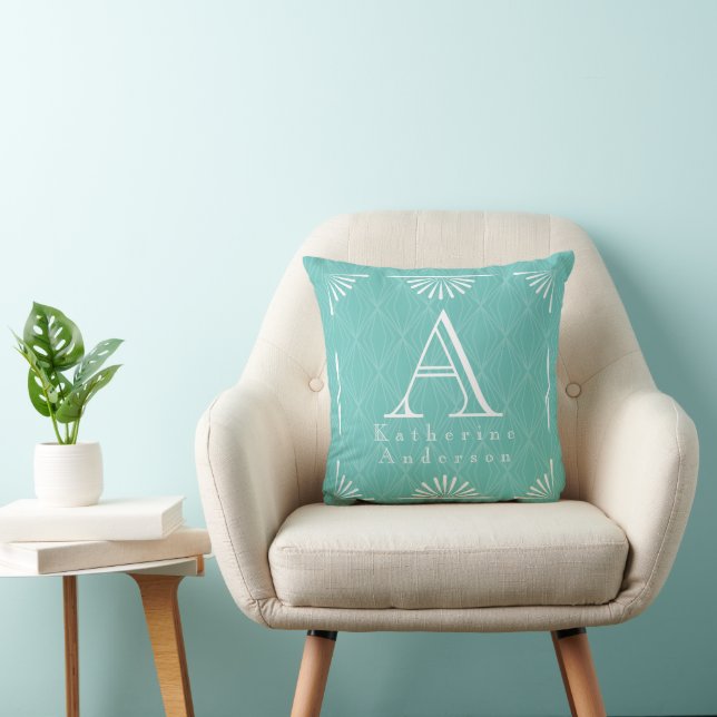 Monogram Art Deco Teal Aqua Throw Pillow (Chair)