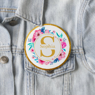 Monogram Art I Gold Initial and Watercolor Rose 4 Inch Round Button