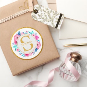 Monogram Art I Gold Initial and Watercolor Rose Classic Round Sticker
