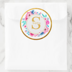 Monogram Art I Gold Initial and Watercolor Rose Classic Round Sticker