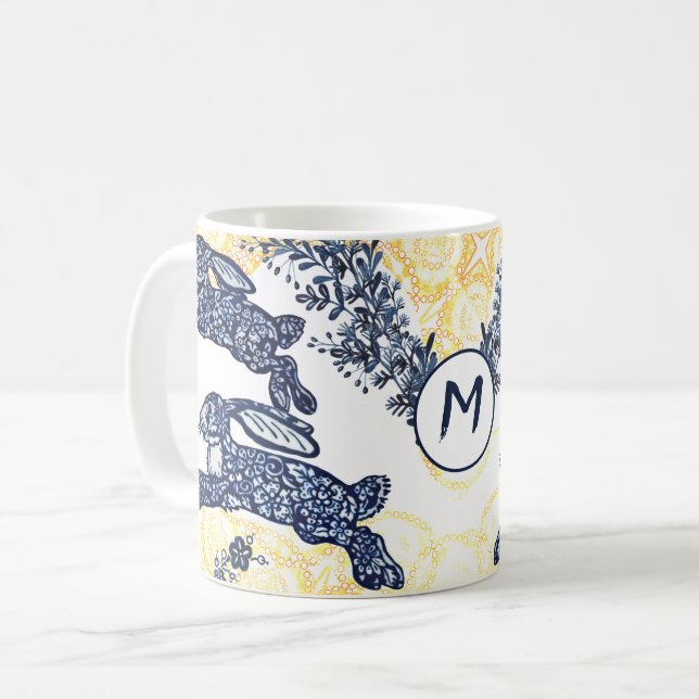 Monogram Asian Blue White Gold Rabbit Chinoiserie Coffee Mug (Front Left)