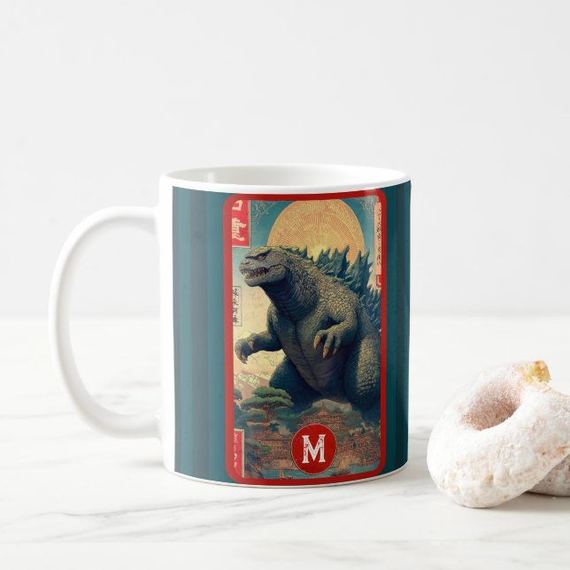 Monogram Asian Lizard Monster Retro Bold Cool Coffee Mug (With Donut)