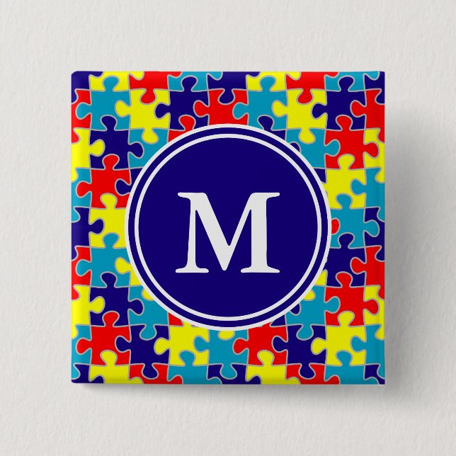 Monogram Autism Awareness Aspergers Puzzle Pattern 2 Inch Square Button (Front)