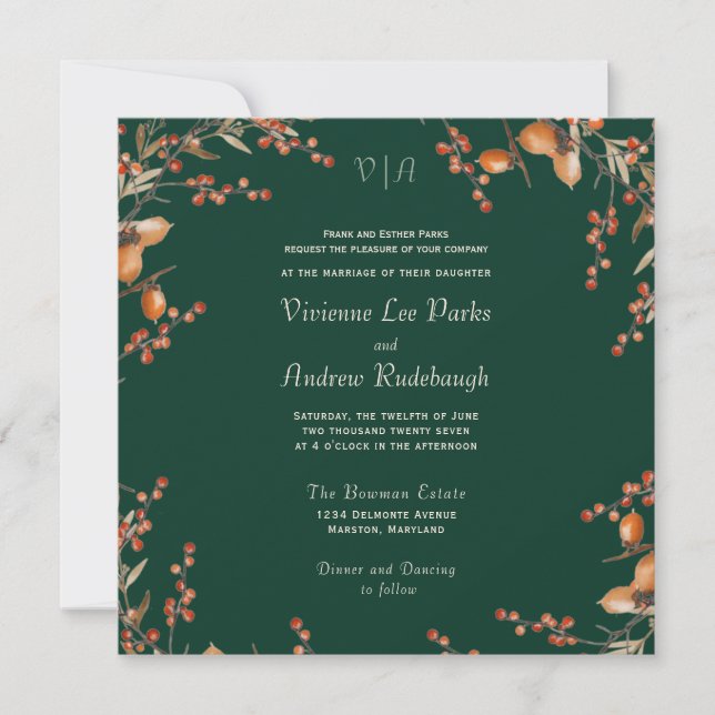 Monogram Autumn Acorn Evergreen Wedding Invitation (Front)