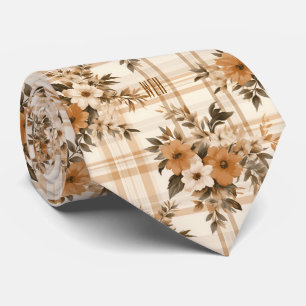Monogram Autumn-Fall Florals Plaid Pattern Necktie
