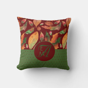 Monogram Autumn Leaves Fall Deep Red Green Decor Throw Pillow