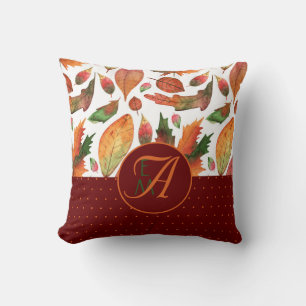 Monogram Autumn Leaves Fall Deep Red Green Decor Throw Pillow